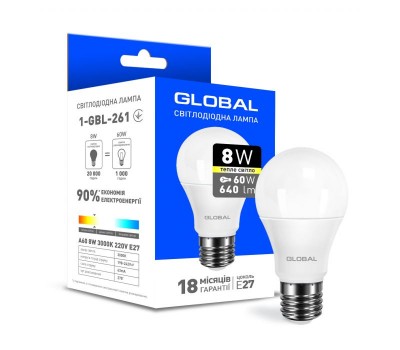 Лампа Global LED A60 8W 3000K 220V E27